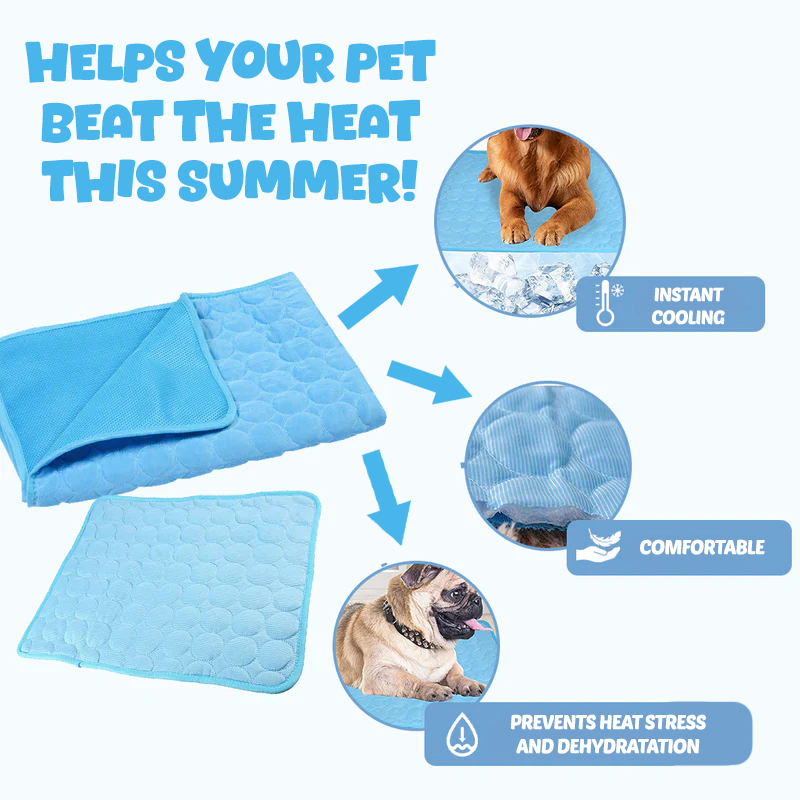 Pet Cooling Mat: sizing reference next to a dog