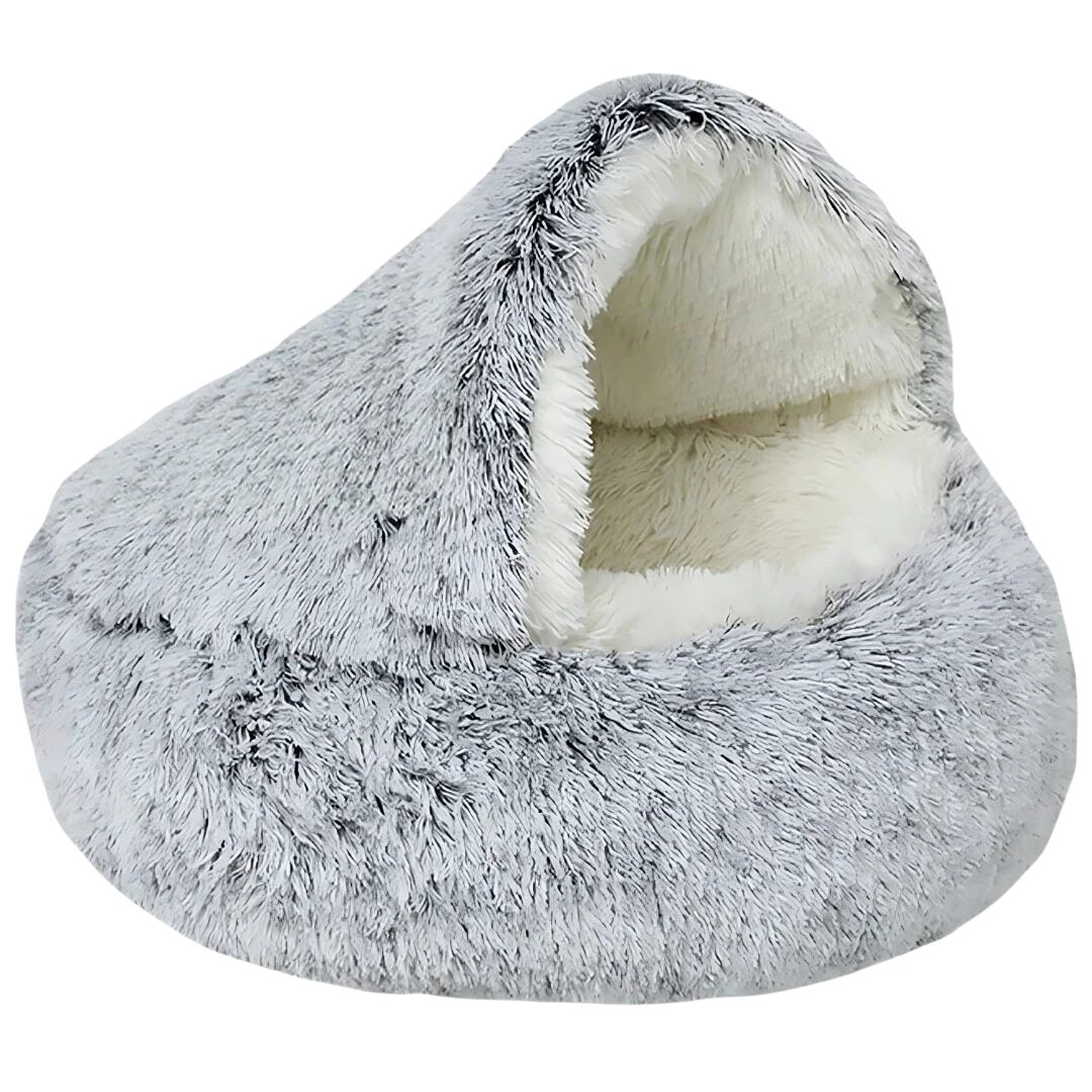Cozy Cave Bed: sizing reference next to a dog