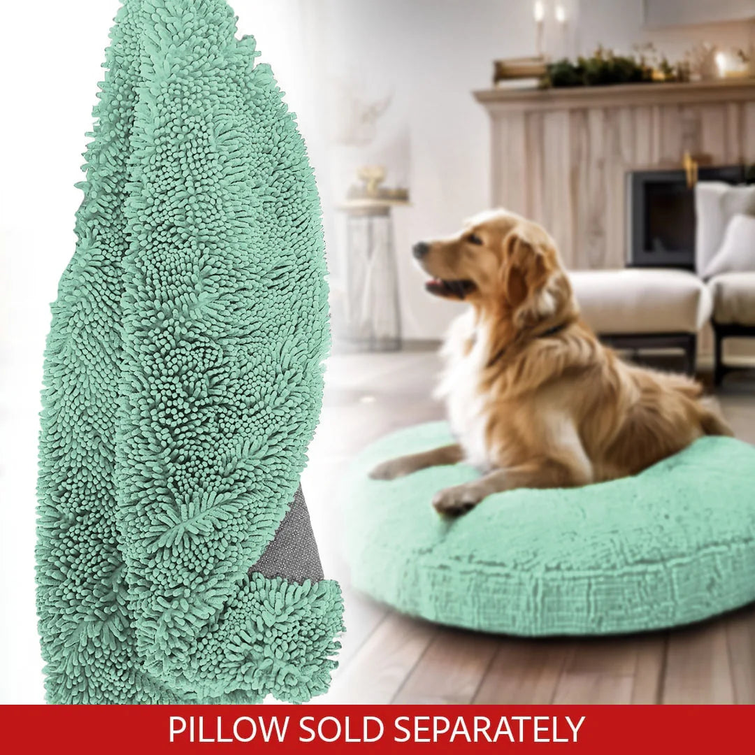 Cloud K9 Chenille Dog Bed Cover: sizing reference next to a dog